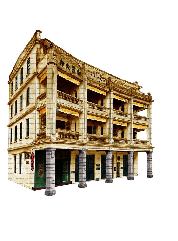 Artist's rendering of a historic three-story colonial-style building with Chinese characters on the facade.