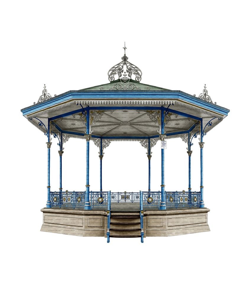 Ornate blue and white gazebo with intricate metalwork and a pointed roof.