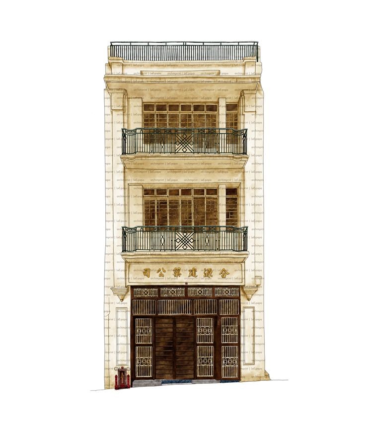 Illustration of a three-story traditional building with balconies and ornate doors.