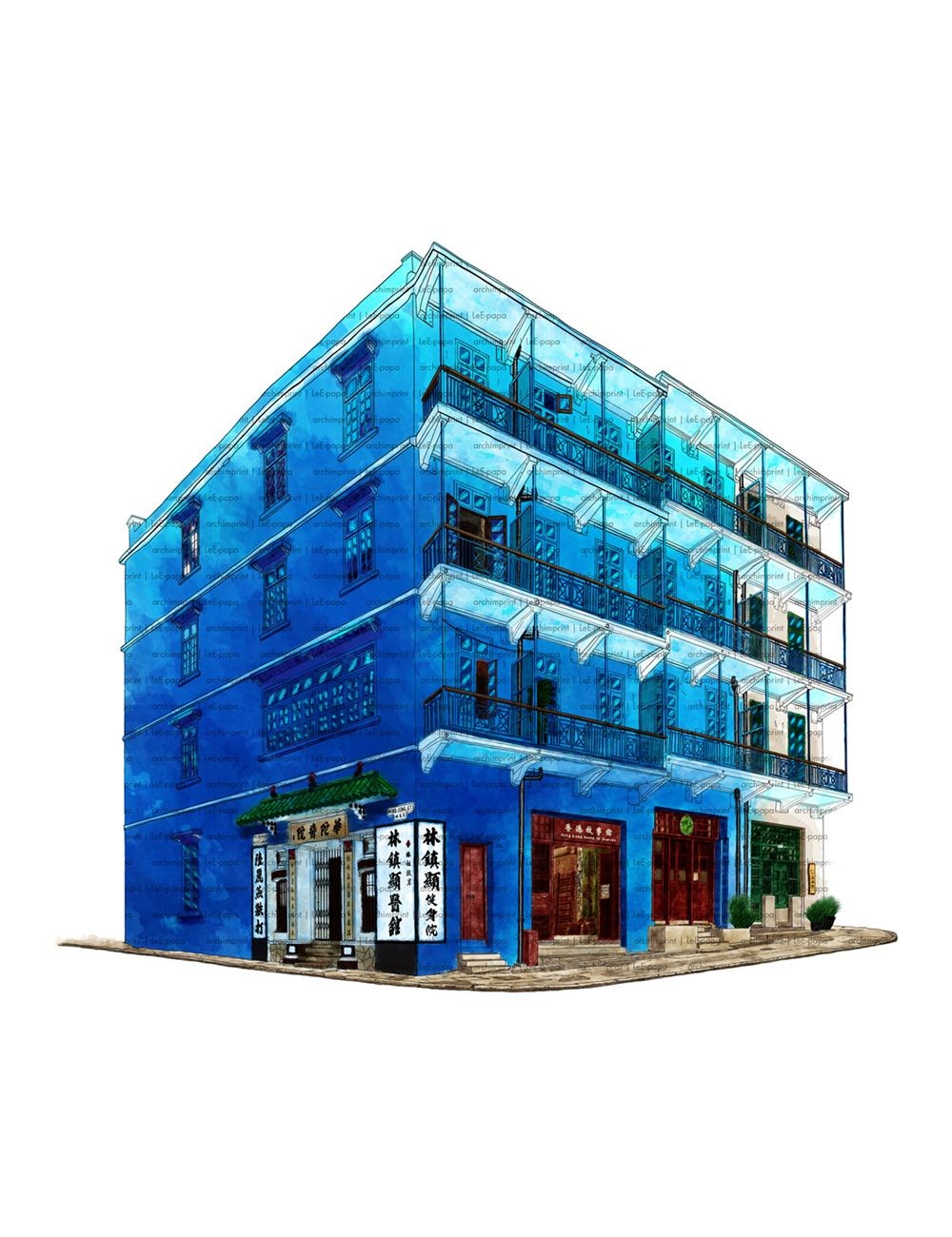 Illustration of a four-story blue building with balconies and ground-floor storefronts featuring Chinese signage.