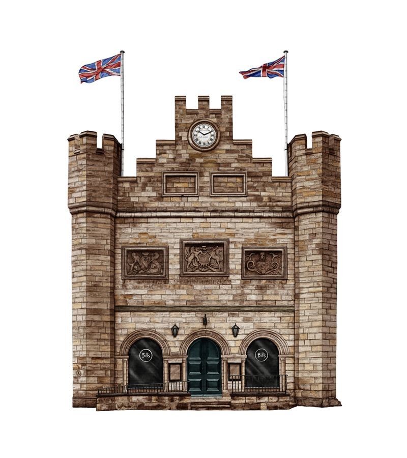 Illustration of a clock tower with Union Jack flags and stone brickwork.